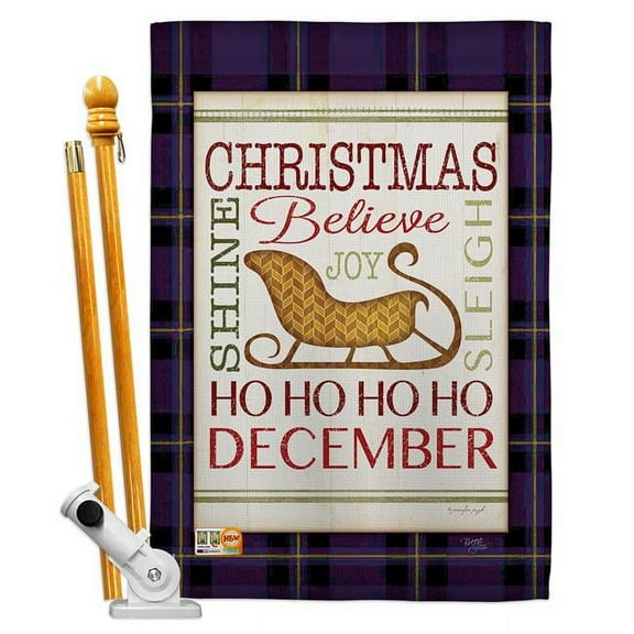 Breeze Decor BD-XM-HS-114181-IP-BO-D-US18-SB 28 x 40 in. Believe in Joy of Sleigh Winter Christmas Impressions Decorative Vertical Double Sided House Flag Set & Pole Bracket Hardware