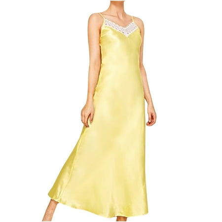 Xysaqa Women s Satin Long Nightgowns Sleep Dress  Womens Silk Lace V Neck Sleepwear Sleeveless Chemise Lingerie Long Night Dresses for Women