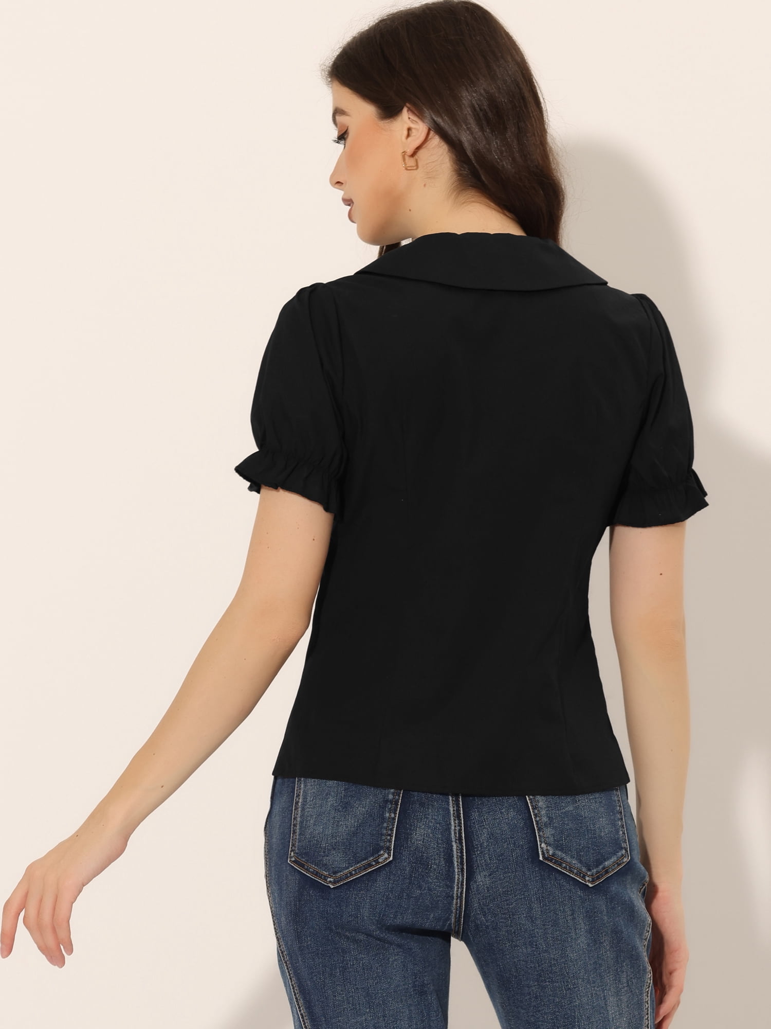 DARING DIVA Women's Puff Sleeve Peter Pan Collar Tie Neck Button-Up Shirt M Black