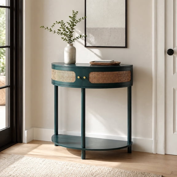 GOMYHOME Art Deco Sliding Door Bottom Shelf Rattan Solid Wood MDF Console Table, Green