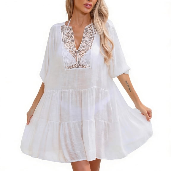 HAPIMO Women Beach Cover Up Dress With V Neck Lace Trim Tiered Ruffle For Swimwear And Beach Looks White Free Size