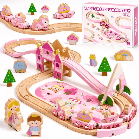 Wooden Train Set for Kids, 40PCS Unicorn Train Track Toy with 4 Train Cars, Princess Castle, Volcano & Accessories, Train Toys for Girls Boys & Toddlers