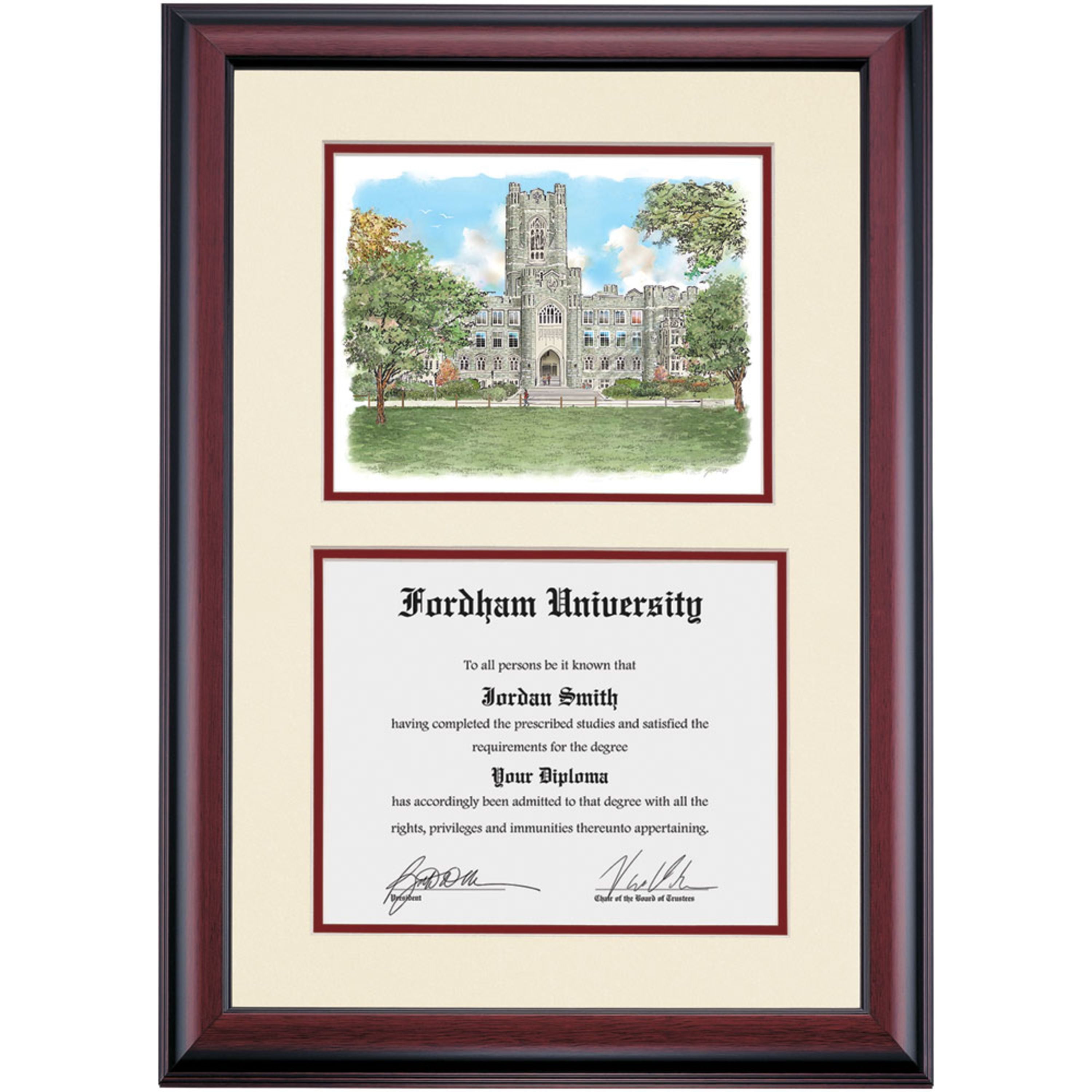 OCM Diploma Frame for Fordham University, Maroon/Gold Mat with Keating