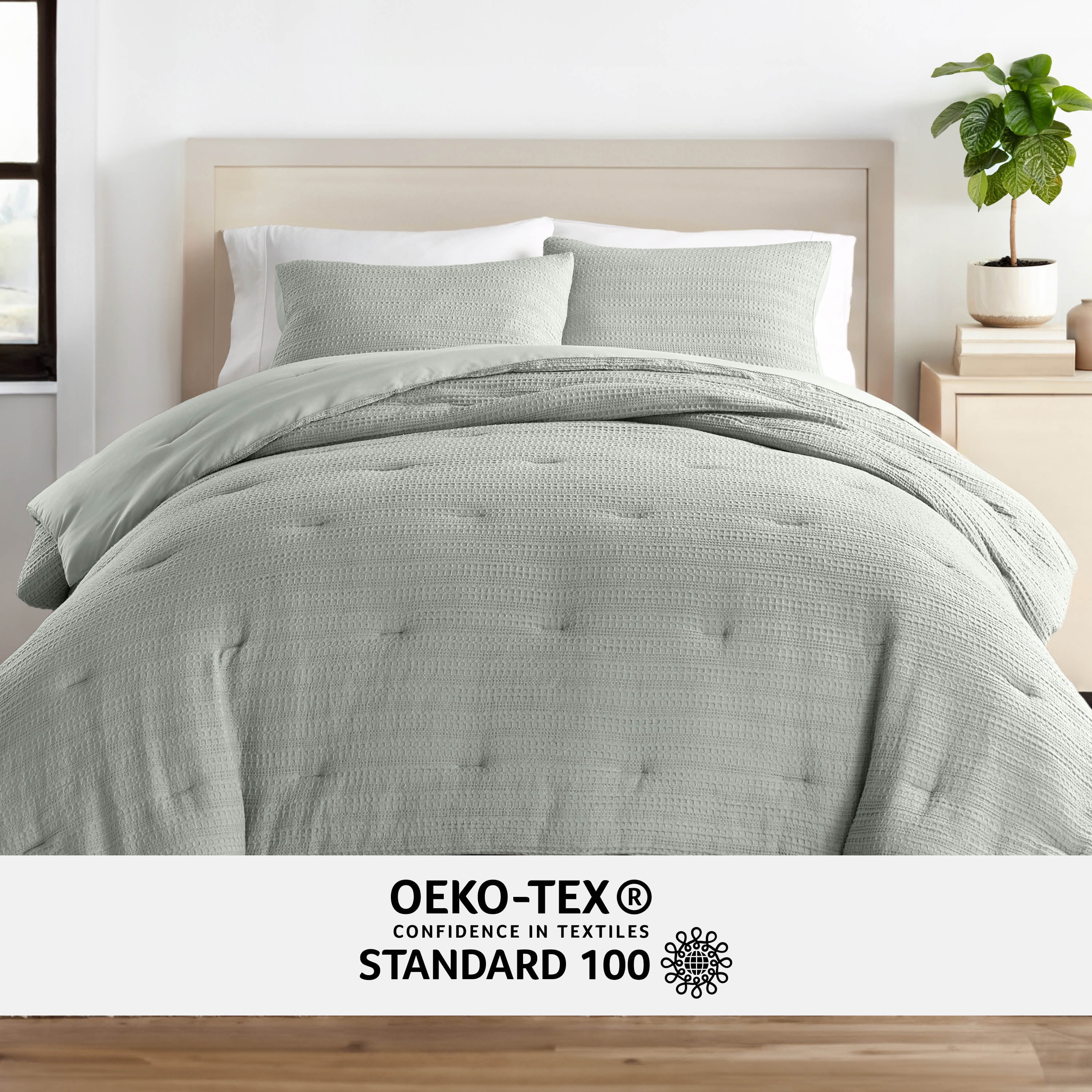 Textured Waffle Comforter Set in Sage Green for Full/Queen Size Bedding by Comfort Canopy