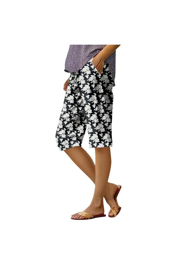 Women Bermuda Shorts Casual Knee Length Relaxed Fit Beach Shorts Summer 2026 Boho Striped Floral Print Athletic Shorts with Pocket Black L