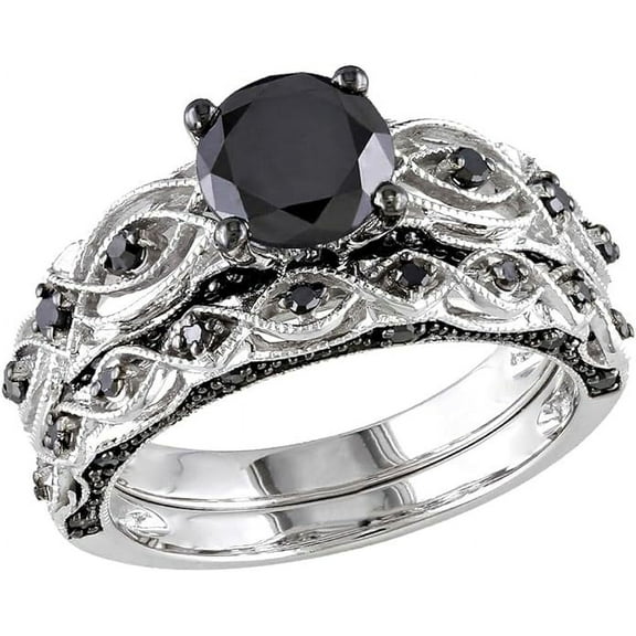 beryl_creation 925 Sterling Silver 1.50 Ct Round Cut Black & White Diamond Engagement Wedding Bridal Ring Set 14K White Gold Plated For Women's -10