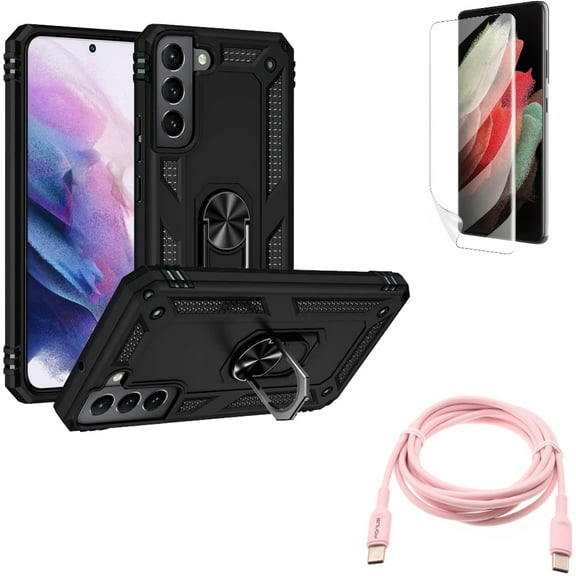 Hybrid Case Cover & Matte Screen Protector & Pink 6ft Long Cable for Samsung Galaxy S22 Plus (S22 ) - Combo Metal Ring Kickstand & TPU Film Anti-Glare & USB-C to Type-C PD Fast Charger Cord