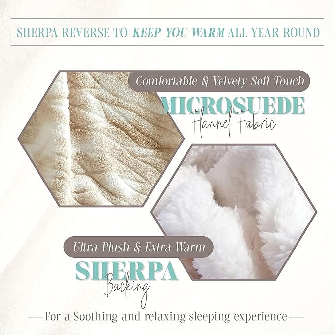 Elegant Comfort Beige Reversible Sherpa Flannel Throw Blanket, Ultra-Soft Lightweight Decorative, 50 x 60 Inches
