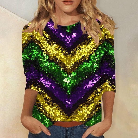 Jsaierl Women's Mardi Gras Shirts Funny Carnival Themed Mask Graphic Tees Soft 3/4 Sleeve T Shirts Blouses Dressy Casual Crewneck Party Tops