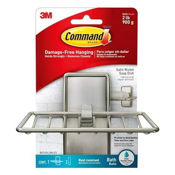Command Soap Dish for Shower, Damage Free Hanging Bathroom, No Tools Bar Soap Holder, 1 Satin Nickel Soap Dish and 2 Water-Resistant Command Strips