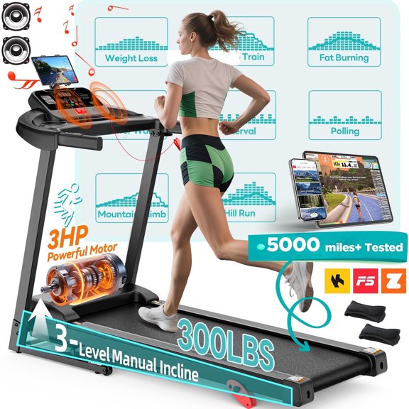 Folding Electric Treadmill for Home, Compact Running Machine with 3HP Motor, 300 Lbs Capacity, 3-Level Adjustable Incline, Up to 7.5 MPH, Quiet Brushless Motor, 64 Preset Programs, Space-Saving Fitne