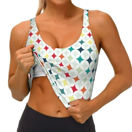 Qokaie Colorful Geometric Pattern Womens Scoop Neck Sports Bra Breathable Workout Vest Padded U Back Medium Impact Fitness Gym Yoga Bra Workout Crop Top