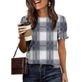 thumbnail image 6 of Echfiprom Tops for Women Puff Sleeve Navy Summer Plaid Elegant Soft Loose Womens Blouse Short Sleeve, 6 of 6