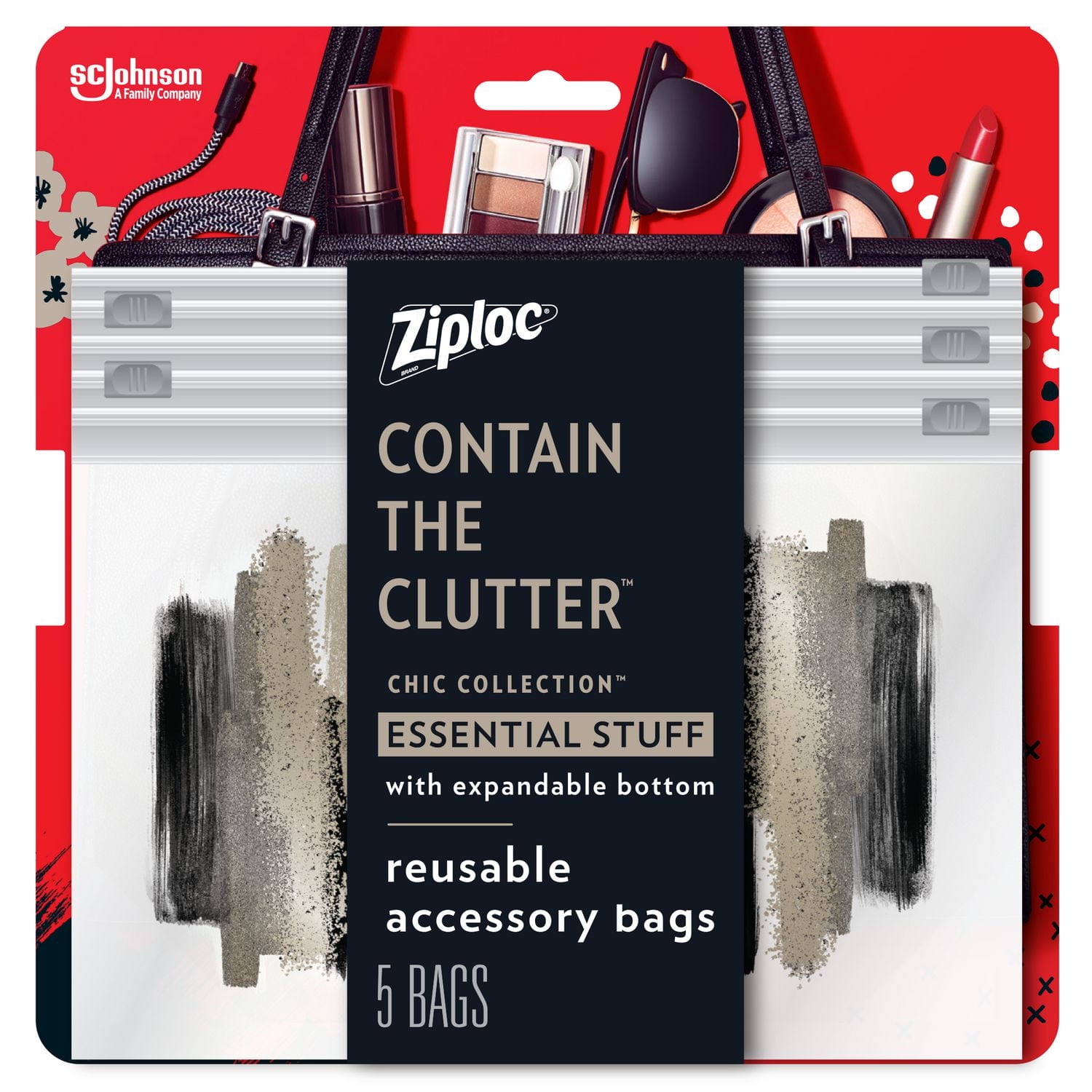 Ziploc Sacs réutilisables pour voyages, maquillage et accessoires, Idéals pour l'organisation à l'école ou à la maison, Collection chic, Grand format, Emballage de 5 Collection chic