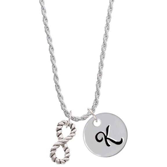 Delight Jewelry Silvertone Infinity Rope Silvertone Script Initial Disc - K - Charm Necklace, 20"+3"
