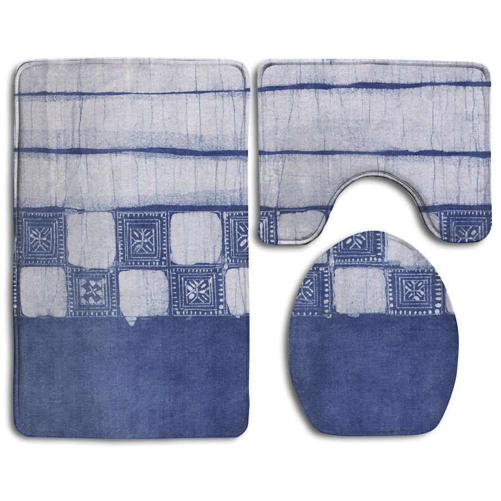 PUDMAD Indigo Blue Batik 3 Piece Bathroom Rugs Set Bath Rug Contour Mat
