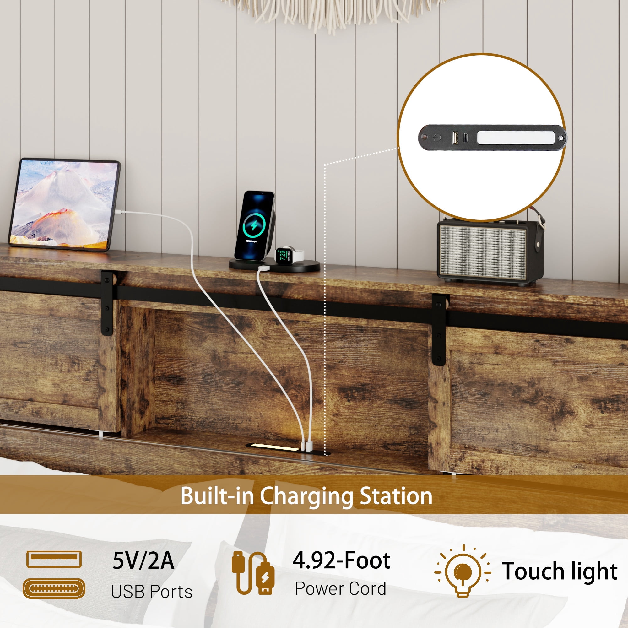 BSHTI Queen Wood Metal Platform Bed Frame with 2-Tier Storage Headboard, LED Light, USB Charging, No Box Spring Needed for Bedroom（Dark Brown）