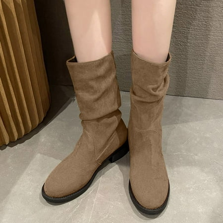 

ertutuyi fashionable autumn winter women boots with low heel thick round toe solid color cover slip on suede comfortable khaki 38