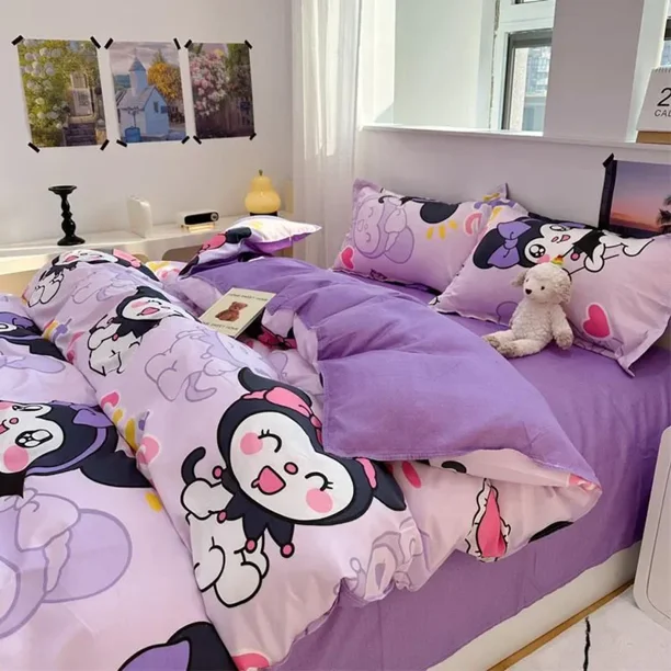 Sanrio Kuromi Hello Kitty-edredón de cama, juego de cuatro piezas, Sábana de cubierta de dibujos animados, conjunto de tres piezas para dormitorio de estudiantes, regalos para niñas