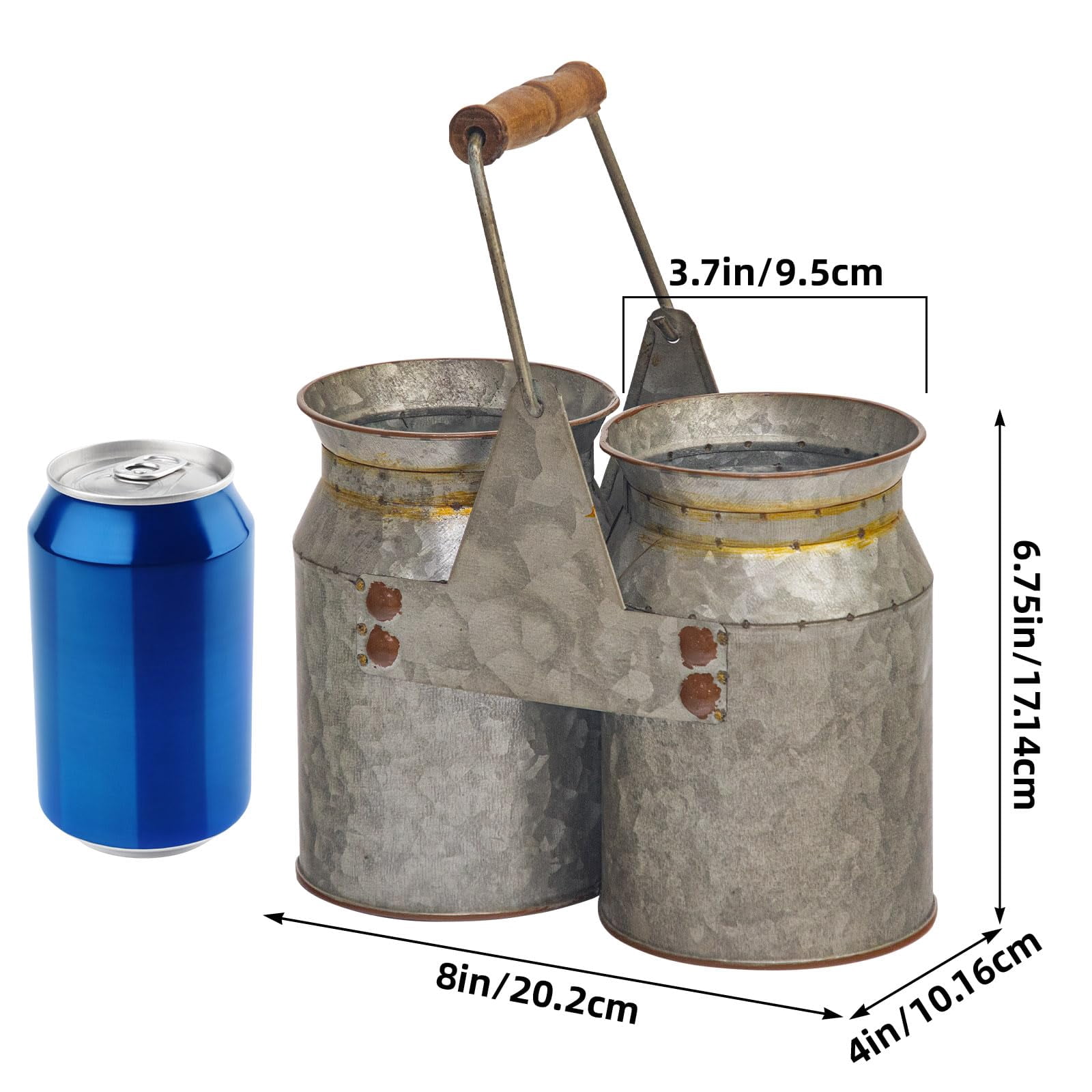 MODE HOME Set of 2 Rustic Galvanized Metal Utensil Holders with Handles, Farmhouse Kitchen Crocks for Spoons, Forks, and Knives, Countertop Organizer Buckets for Rustic Kitchen Décor, 8x4x6.75 Inch