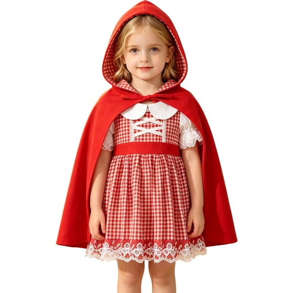 Norvella Girls Halloween Outfit Sets Little Red Riding Hood 2 Piece Long Sleeve Plaid Dresses Matching Hooded Capes