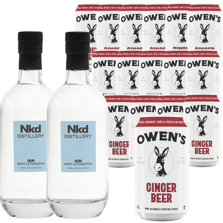 Nkd Distillery Gin Alternative Premium Non-Alcoholic Spirit 750 ML Bottles w Owen’s Mixers Ginger Beer 8.2 OZ Cans - Perfect for Mocktails - A