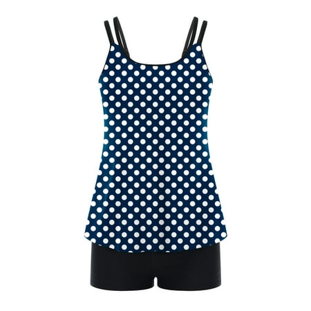WREESH Polka Dots Tankini Top & Boyshorts Set - Retro High Neck Blouson Swimsuit Two Piece Bathing Suit for Women 2025 Navy