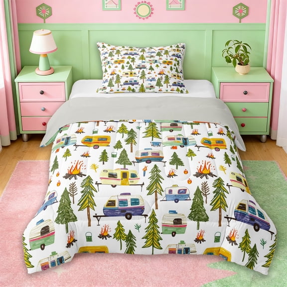 Erosebridal Kids Camping Twin Comforter Sets For Camper Gifts,Colorful Cartoon RV Bedding Set For Girl Kids,Reversible lightgray,2-Piece