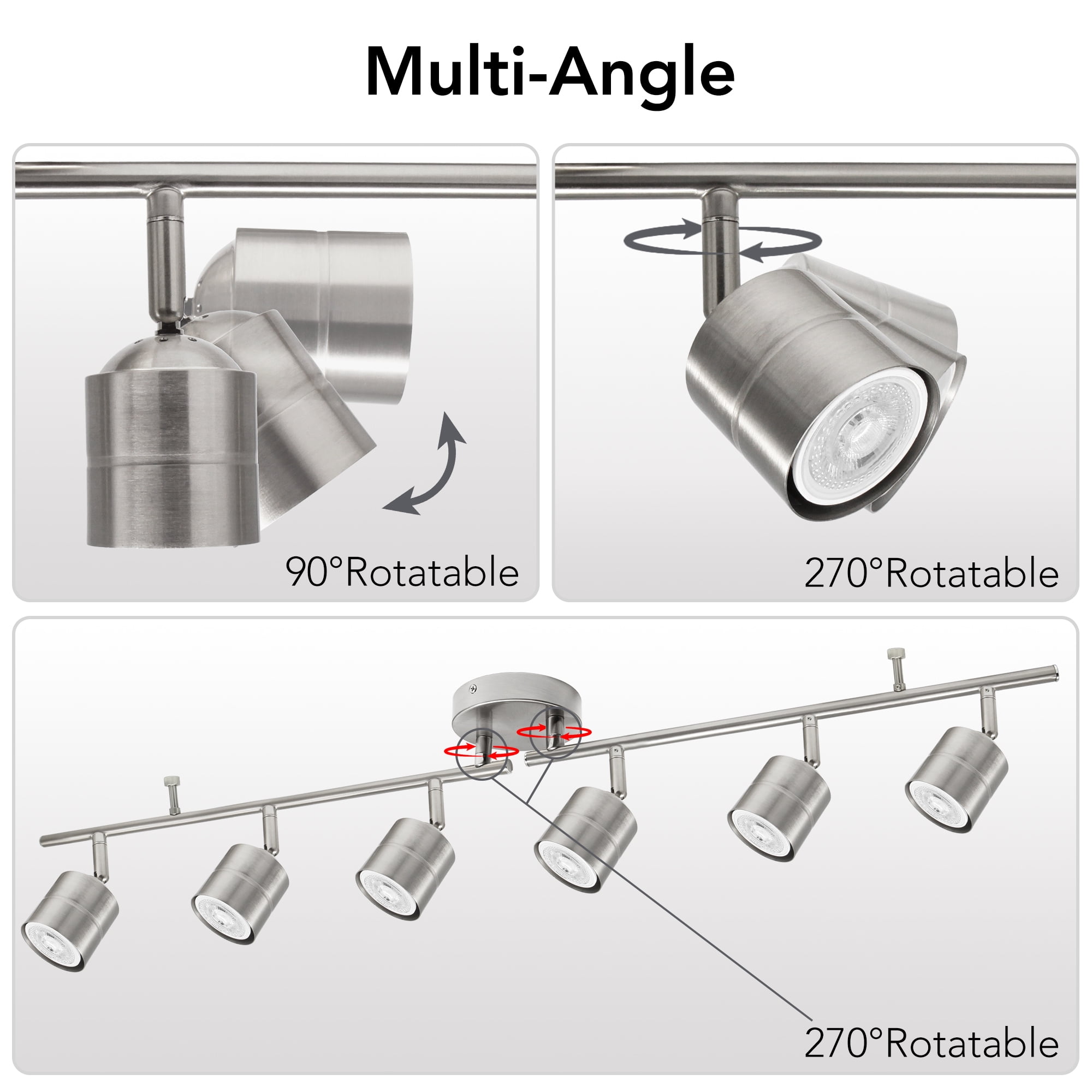 Mingbright 6-Light Brushed Nickel Track Lighting Kit with GU10 LED Bulbs - 44.5” Adjustable Ceiling Spotlight Fixture, 270° Swivel & 90° Tilt for Kitchen, Living Room, Dining Room, Gallery Display