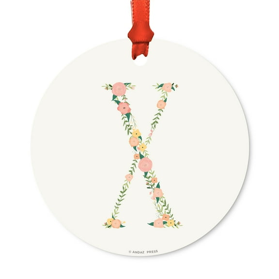 Floral Family Monogram Metal Christmas Ornament, Coral Peach Floral Roses, Letter X, Includes Ribbon and Gift Bag