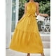thumbnail image 3 of Vestido largo de mujer con cuello halter, sin mangas, dobladillo con volantes fluidos, cinturón de cintura, vestido de verano de color puro amarillo S, 3 of 6