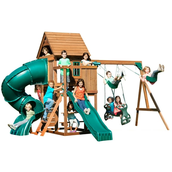 Swing-N-Slide Tremont Tower Wooden Complete Backyard Swing Set with Tube Slide, Wave Slide, Wood Roof, Climbing Wall, and Swings