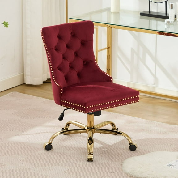 CQSXDA Modern Velvet Upholstered Tufted Button Office Chair With Golden Metal Base Adjustable Desk Chair, WINE RED
