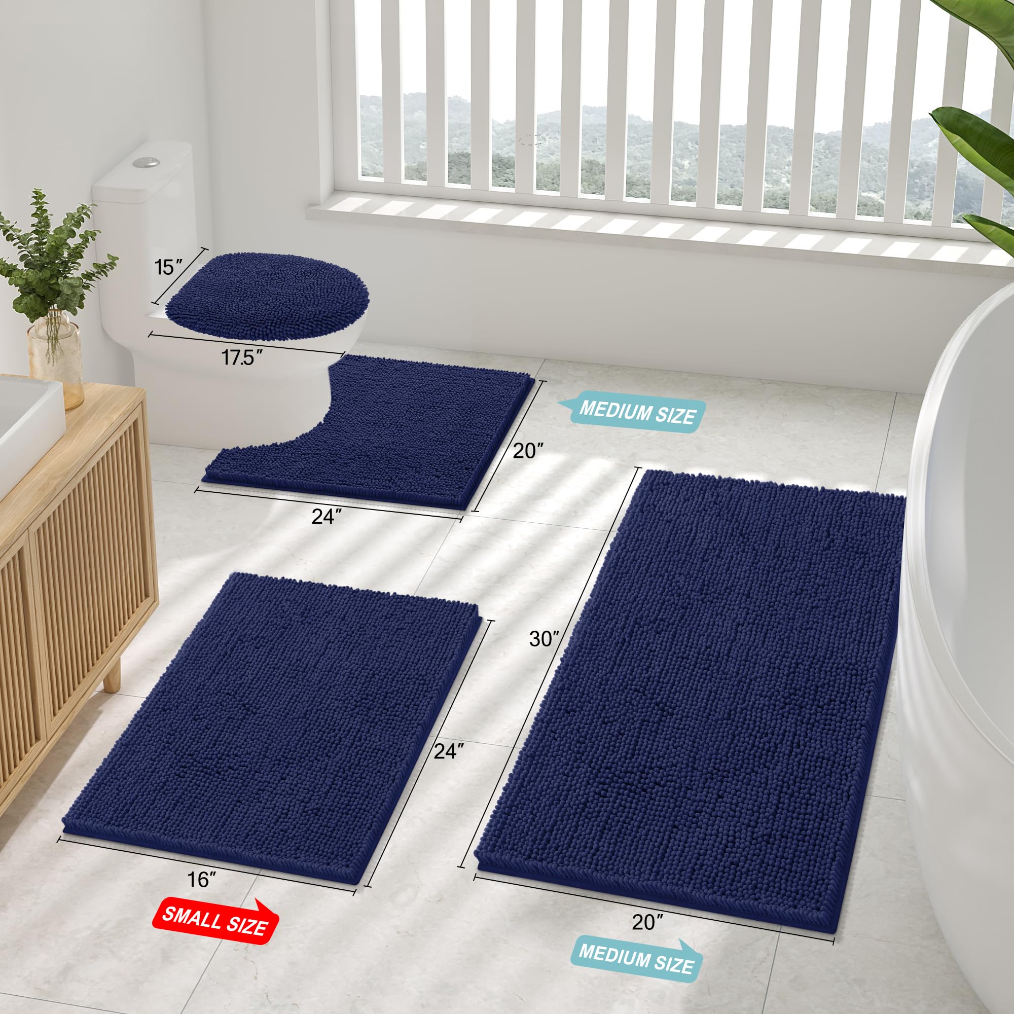 Smiry Bathroom Rugs Sets 2 Piece, Soft Absorbent Chenille Bath Rug Set, Non Slip Machine Washable Shaggy Bath Mats for Tub, Shower, and Floor (30x20+24x16, Navy blue)