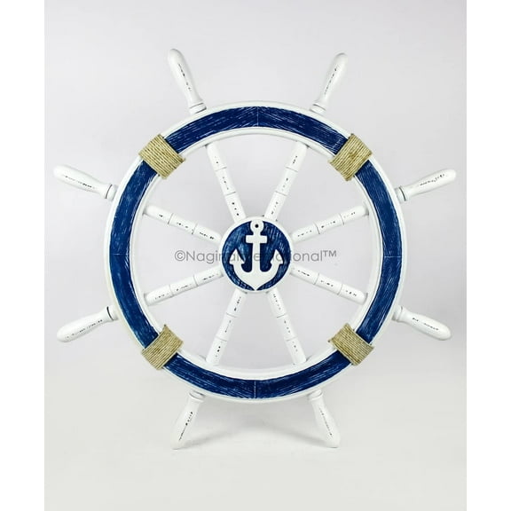 Nagina International Nautical Decorative White Blue Premium Ship Wheel With Accentuated Rope | Pirate's Wall Decor | Sea Gift (18 Inches)