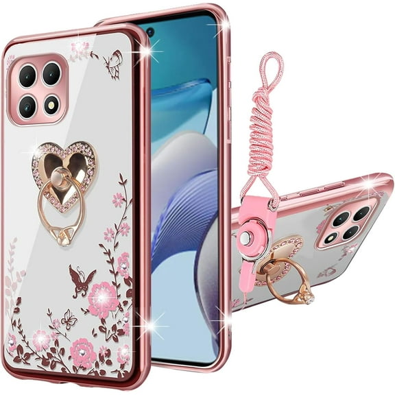 nancheng Case for T-Mobile Revvl 7 5G Luxury Cute Glitter Soft TPU Cover for Girls Women with Kickstand Lanyard Shockproof Protective Phone Case for T-Mobile T Phone 2 5G - Rose Butterfly