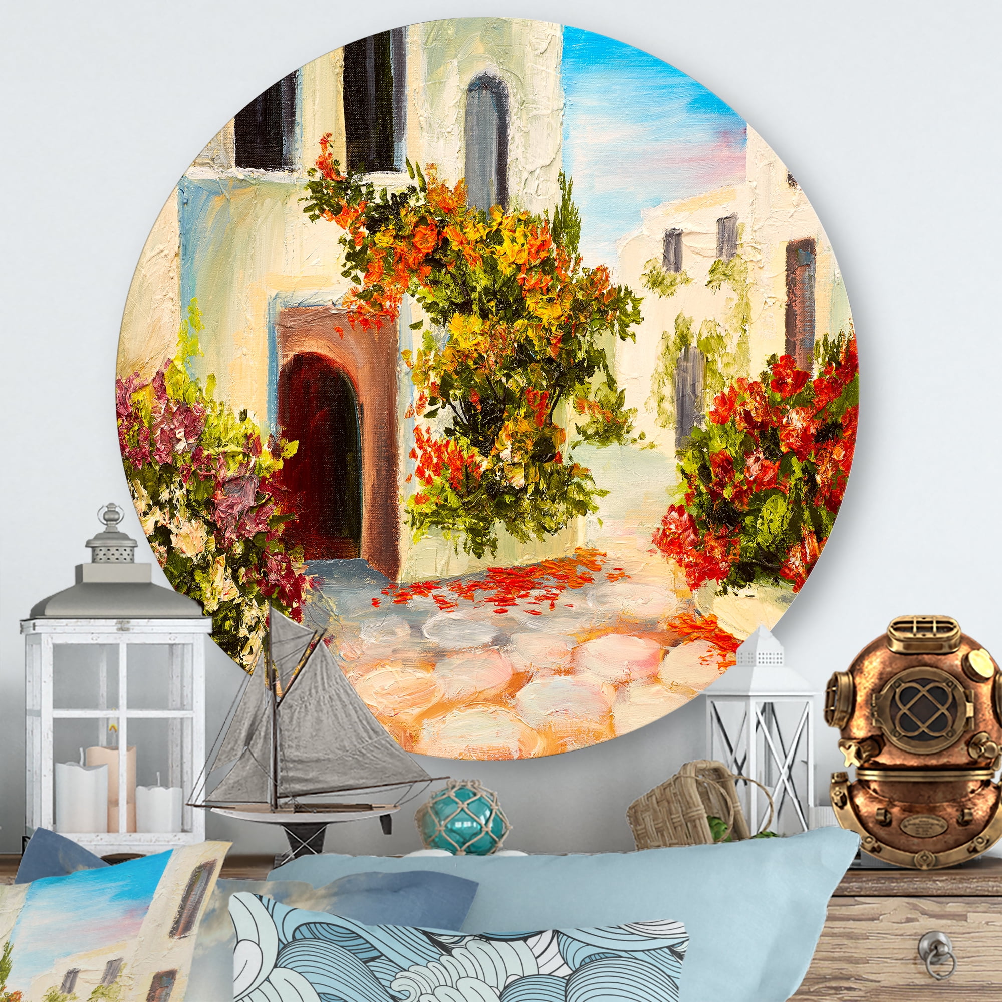 Designart 'The Mountain With Flowers With Little House I' Nautical & Coastal Circle Metal Wall Art 23x23 - Disc of 23