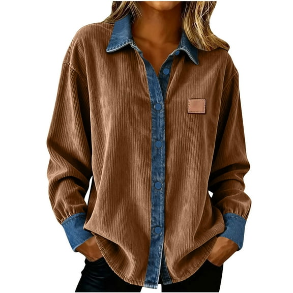OGLCCG Women's Denim Patchwork Button Down Shirts Dressy Loose Long Sleeve Lapel Collar Corduroy Tops Casual Lightweight Business Work Blouse,S,Brown