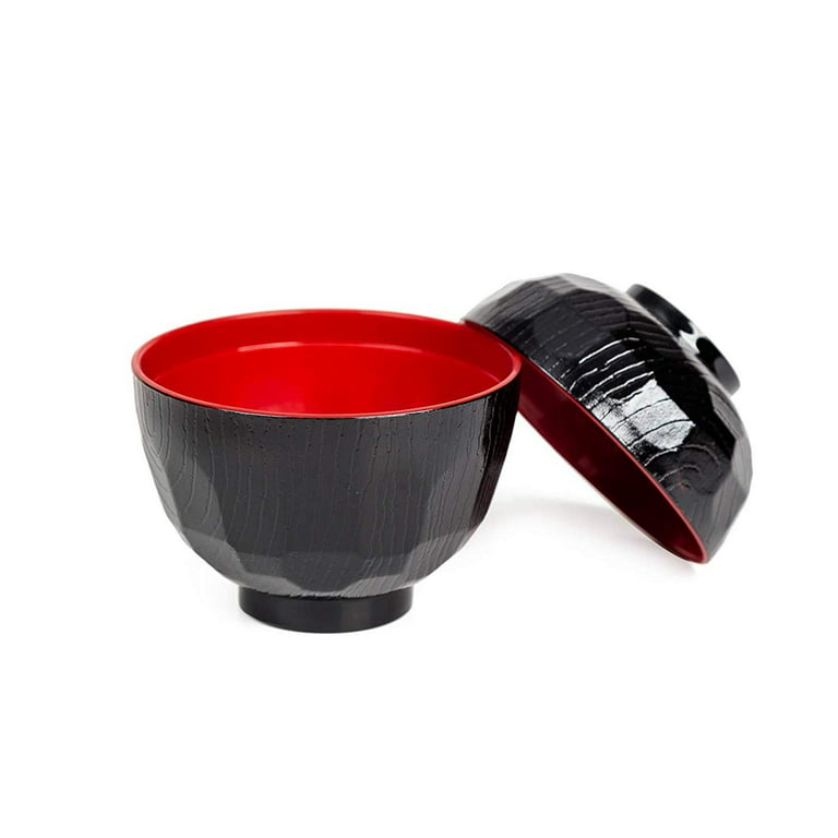 ASIAN HOME Japanese Rice and Soup Bowls With Lid, Black and Red, for rice,  miso soup, 4.33 x 3.94, 8.4 oz. (4 Bowls)