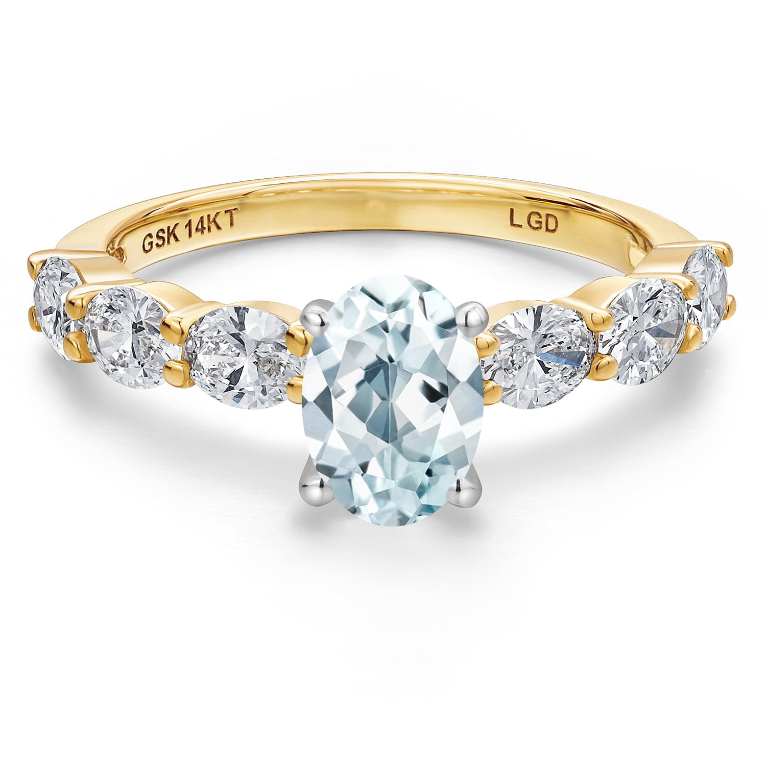 Gem Stone King 14K Two Tone Gold Sky Blue Aquamarine and Lab Grown Diamond Engagement Ring for Women | 1.65 Cttw | Oval 7X5MM | Gemstone March Birthstone | Size 5