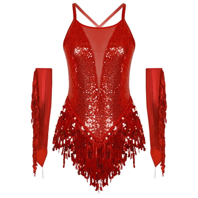 iiniim Costume de Danse Latine Jazz pour Femmes Justaucorps à Franges à Paillettes Scintillantes avec Gants Rave Rouge TTG