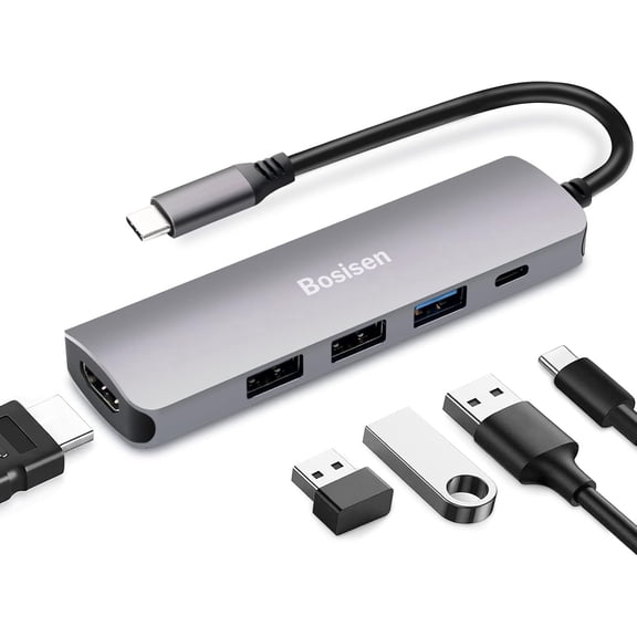 Bosisen USB C Hub HDMI Adapter for MacBook Pro/Air, 5 in 1 USB Type-c Multiport Digital AV Adapter with 4K HDMI, 3 USB 3.0 & USB-C PD Fast Charger Port