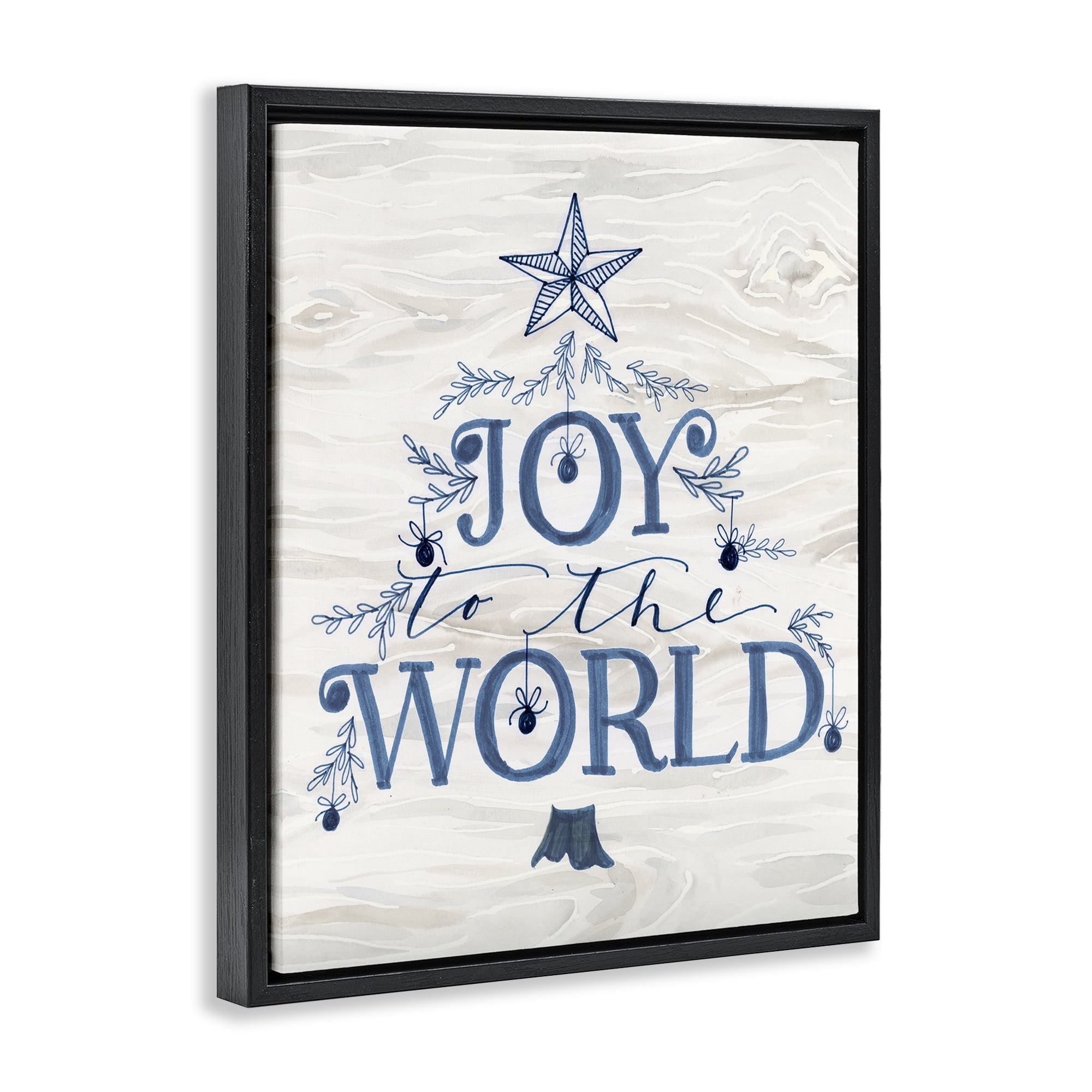 Stupell Industries Joy To World Tree Holiday Painting Black Floater Framed Canvas Art Prints Wall Art, 17 x 21