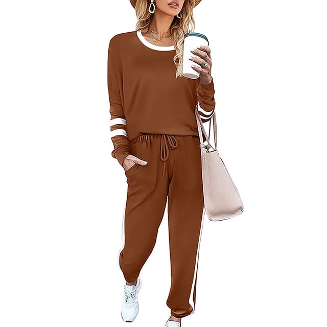 Innerwin Jogger Set Long Sleeve Ladies Sweatsuits Jogging Pullover Loungewear Two Piece Outfit Brown XXL