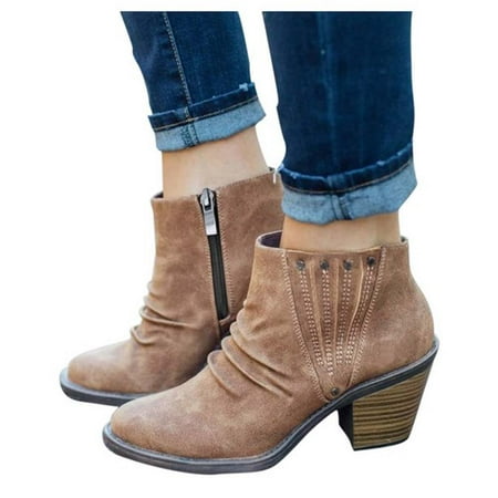 

Boots for Women Warm Casual Shoes Short Ankle Boots Square Heels Leather Shoes for Winter Savings Clearance