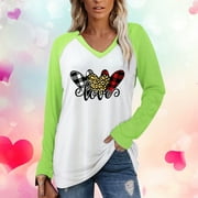 sebulube Women Valentine's Day Shirt Love Heart Print Graphic Tees Long Sleeve V Neck Tops Color Matching T Shirt Blouse