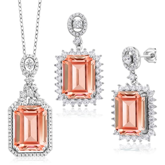 Gem Stone King 20.00 Cttw Peach Nano Morganite Pendant and Earrings Jewelry Set for Women | 925 Sterling Silver | Emerald Cut 14X10MM | Gemstone Birthstone | 18 inch Silver Chain