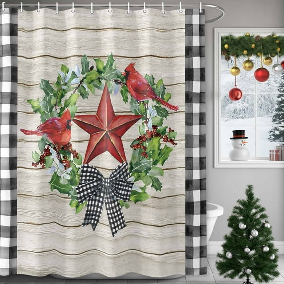 Shower Curtains Sets for Bathroom Decor Farm Cardinals Bow on Wood Waterproof Bathroom Curtain with Hooks, Black White Plaid for Bathroom Decor,72x72IN
