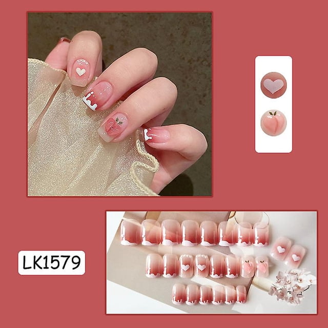 Press On Nails HUOGUO Midi Pink con diseño de corazón y melocotón en 3D