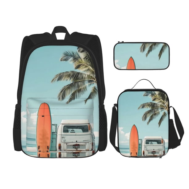 Disketp Vintage Surf Van Beach Mochila Estampada de Gran Capacidad con Lonchera y Estuche, Set de 3 Piezas para Estudiantes